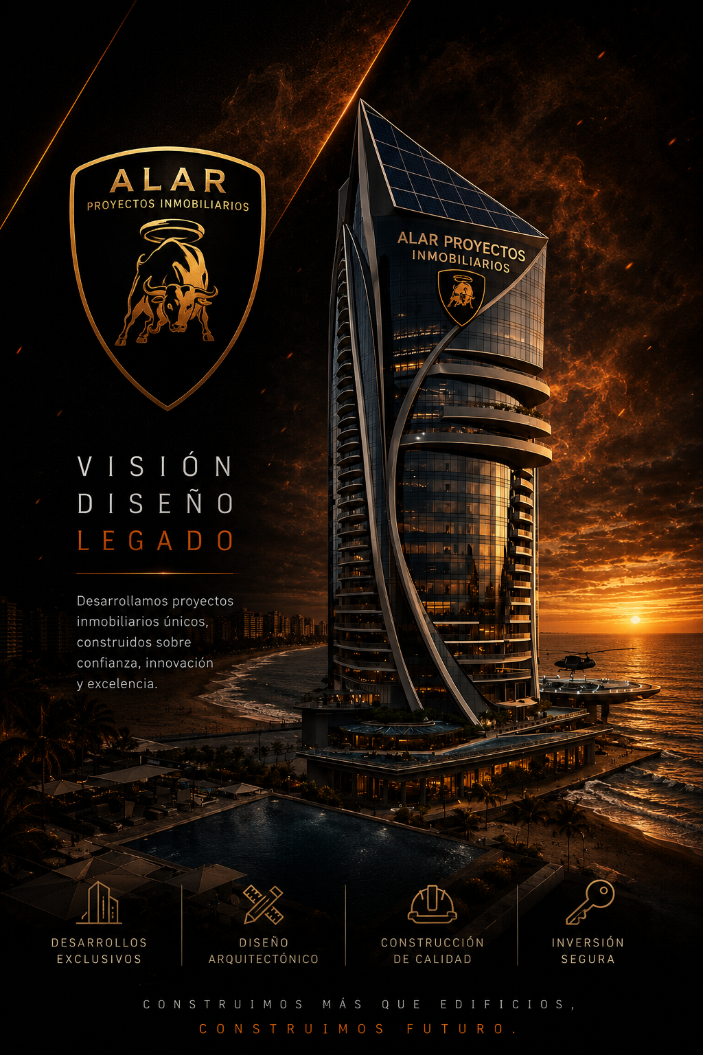 ALAR Proyectos Inmobiliarios — torre frente al mar al atardecer